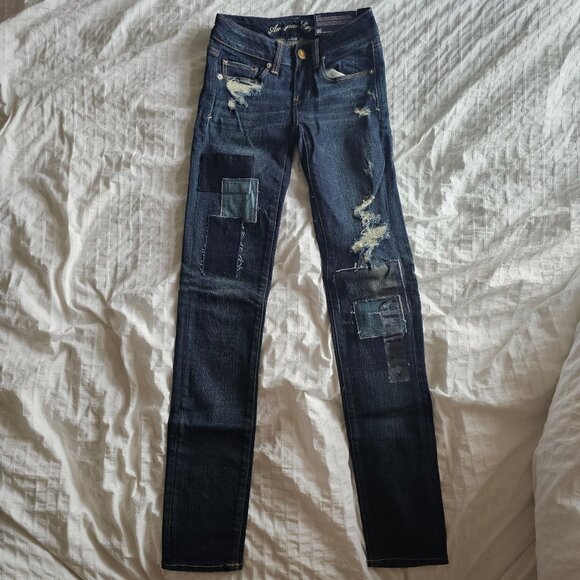 American Eagle Low Rise Patchwork Skinny Jeans - 2012 - Dark Wash - Sz 00 Reg - Picture 2 of 16